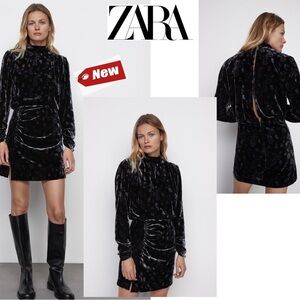 Zara Womens Velvet Ruched Paisley Mini Dress Open Back Long Sleeve High Neck NWT